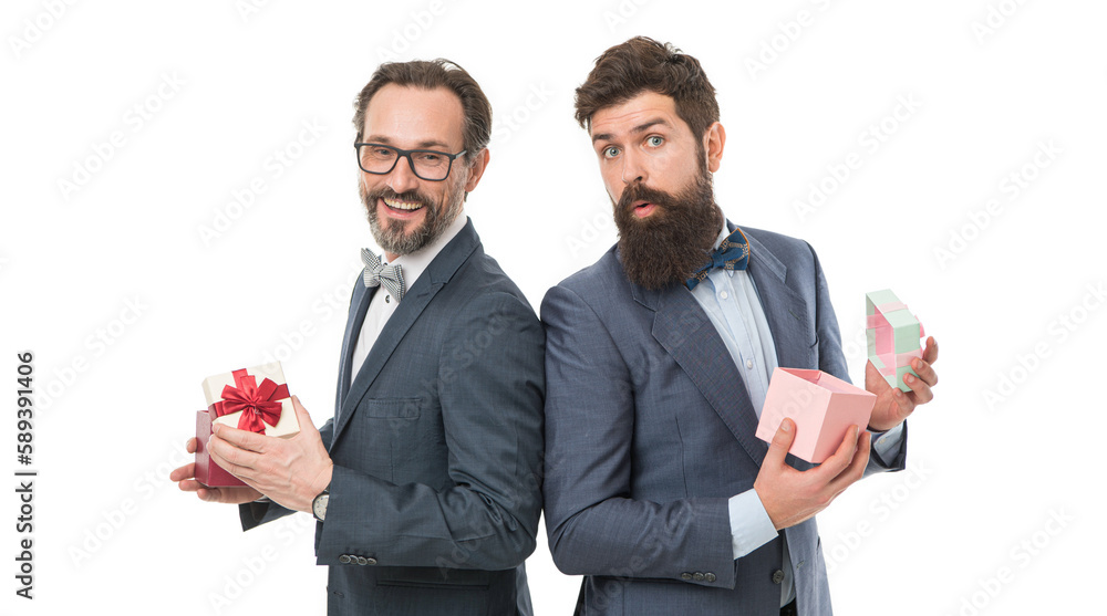 Online shop. success and reward. esthete. business partners on meeting isolated on white. bearded men hold valentines gift. happy birthday shopping. businessmen in suit on party. Shopping online Online shop. success and reward. esthete. business partners on meeting isolated on white. bearded men hold valentines gift. happy birthday shopping. businessmen in suit on party. Shopping online