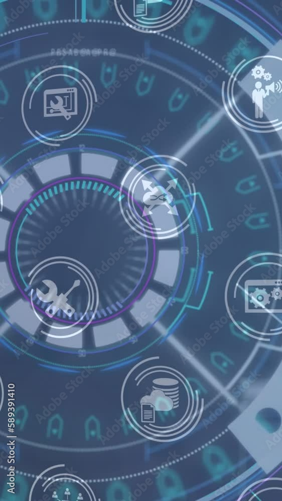 Digital animation of digital icons in seamless pattern against round scanner on blue background Digital animation of digital icons in seamless pattern against round scanner on blue background