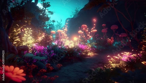 A mystical garden with glowing flowers and plants  ai generate 