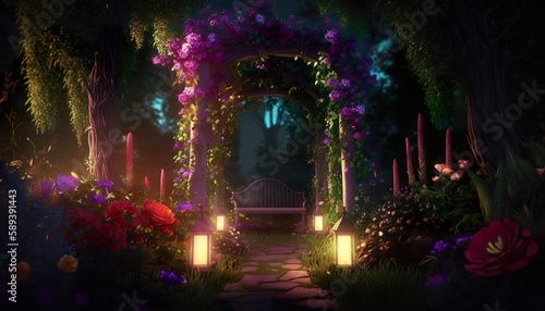 A mystical garden with glowing flowers and plants (ai generate)