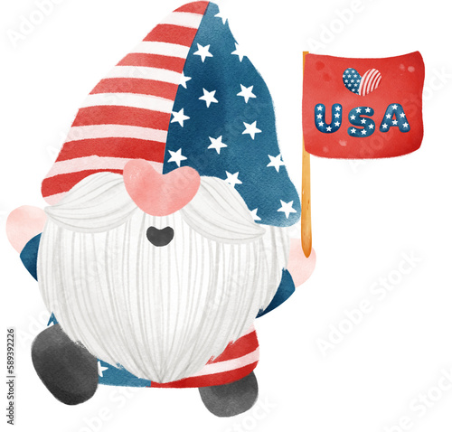 cute festive fun 4th of July Gnome watercolour celebrating America Independence freedom day cartoon hand drawing	
 photo