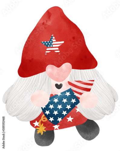 cute festive fun 4th of July Gnome watercolour celebrating America Independence freedom day cartoon hand drawing	
 photo