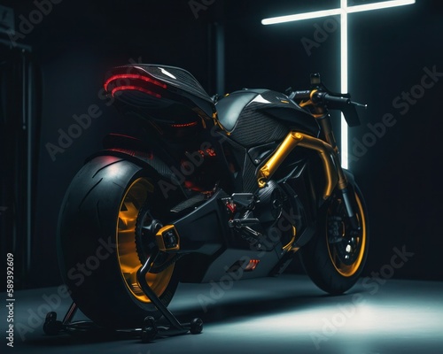 Majestic Futuristic Design of Gold Color Motorcycle. Generative AI