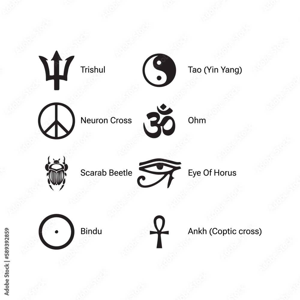 occult religious symbols and signs of Egypt, yin yang, coptic cross