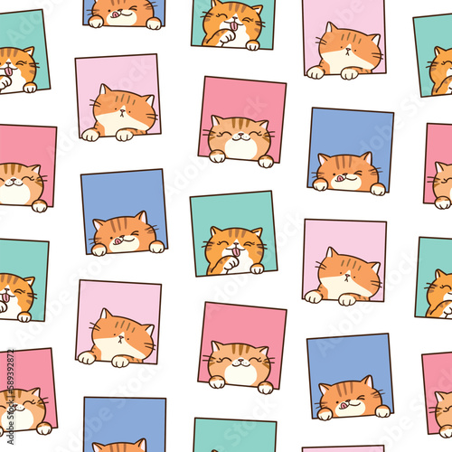 Seamless Pattern with Cartoon Ginger Cat Face in Square Design on White Background