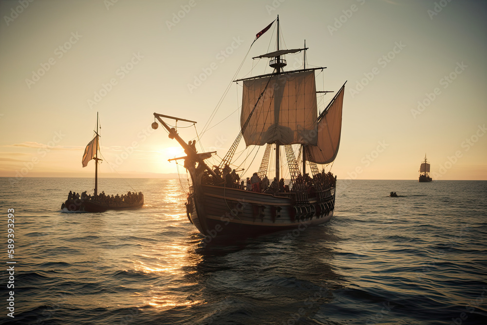 Obraz premium Christopher Columbus' expedition landing on the island of San Salvador in the 15th century. generative Ai.