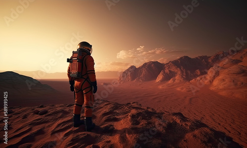 A cosmonaut standing on Mars, the red planet in the morning. Generative AI. © Robert