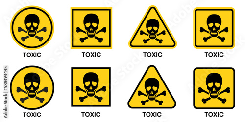 Set hazard danger yellow vector signs. Radiation sign, Biohazard sign, Toxic sign.
