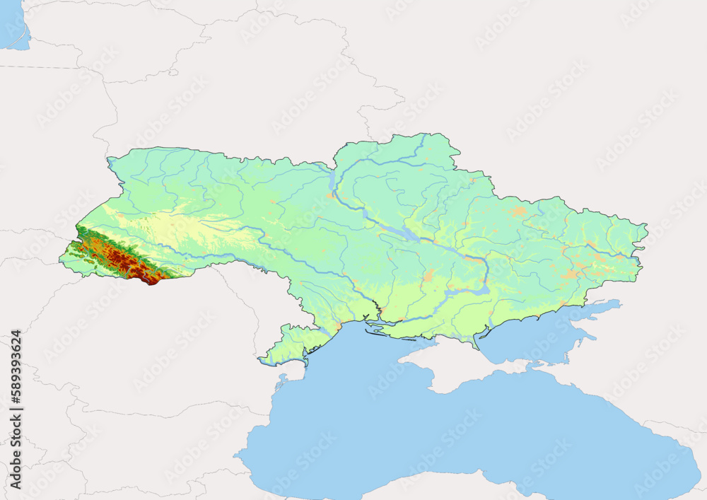 High detailed vector Ukraine physical map, topographic map of Ukraine on white with rivers, lakes and neighbouring countries. 