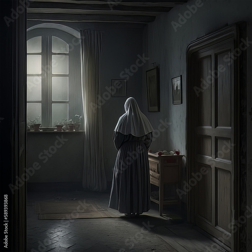 a woman in a nun 's outfit standing in front of a window. photo