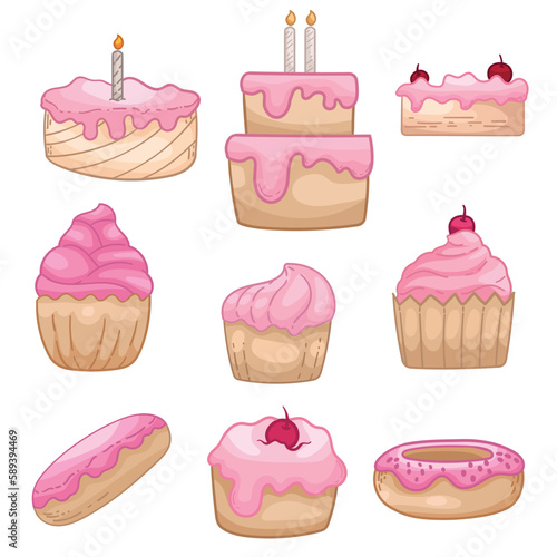 Prinset of collection various pink cakes illustration, pink cakes clipart