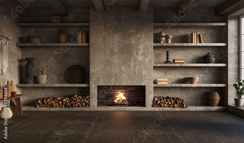 Wallpaper Mural Wabi sabi living room with fireplace and shelves. Interior mockup, 3d render Torontodigital.ca