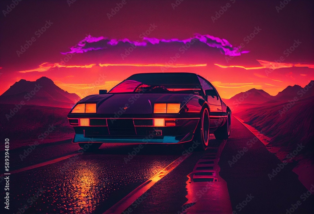 Fototapeta premium Synthwave of dawn, with car, street, retro style. Generative ai