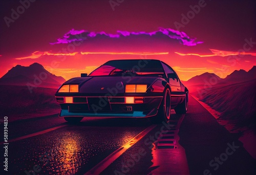 Synthwave of dawn, with car, street, retro style. Generative ai © Ryleigh