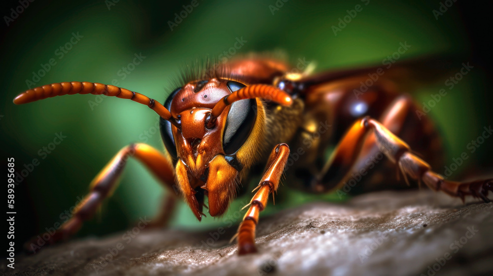 Close up macro of an Asian giant killer hornet. Generative AI Close up macro of an Asian giant killer hornet. Generative AI