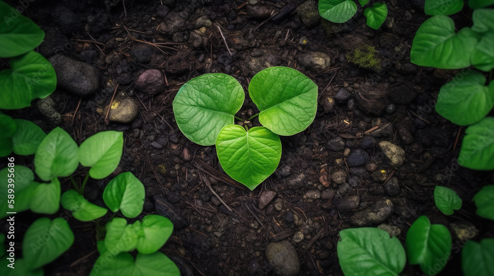 Leaf are planted on the ground in heart shape. Natural green backgrounds, the concept of plant growth, earth day and environmental protection Leaf are planted on the ground in heart shape. Natural green backgrounds, the concept of plant growth, earth day and environmental protection