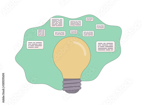 Lit light bulb symbolizing breakthrough moments, surrounded by text notes representing ideas and decisions. Vector illustration for promoting brainstorming and problem-solving articles