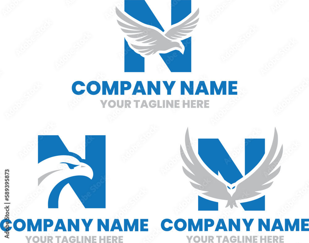 N initial letter with an eagle, falcon head logo design, flying hawk logo design vector files