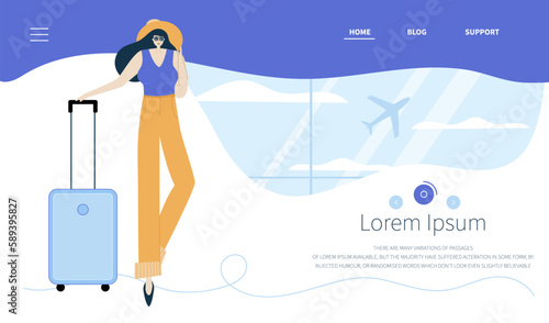 The fashion woman, passenger in hat with baggage go to boarding to the airplane. She go to the journey on plane. Illustration good for landing page for web site.