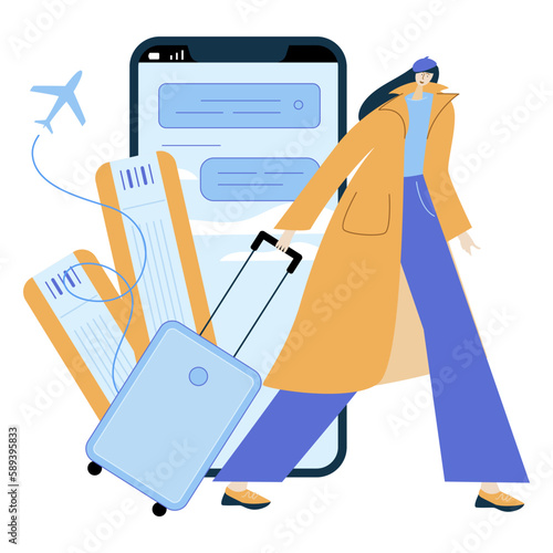 The fashion woman buy online tickets. She go to boarding with baggage to the airplane. Go to the journey on plane. Illustration good for mobile apps.