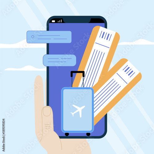 The the sport woman with backpack, baggage buy online tickets and go to the journey on plane. Illustration good for mobile apps.