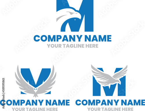 M initial letter with an eagle, falcon head logo design, flying hawk logo design vector files