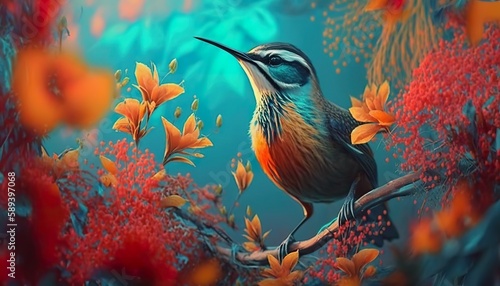 Bird on Summer beautiful flowers background  ai generate 