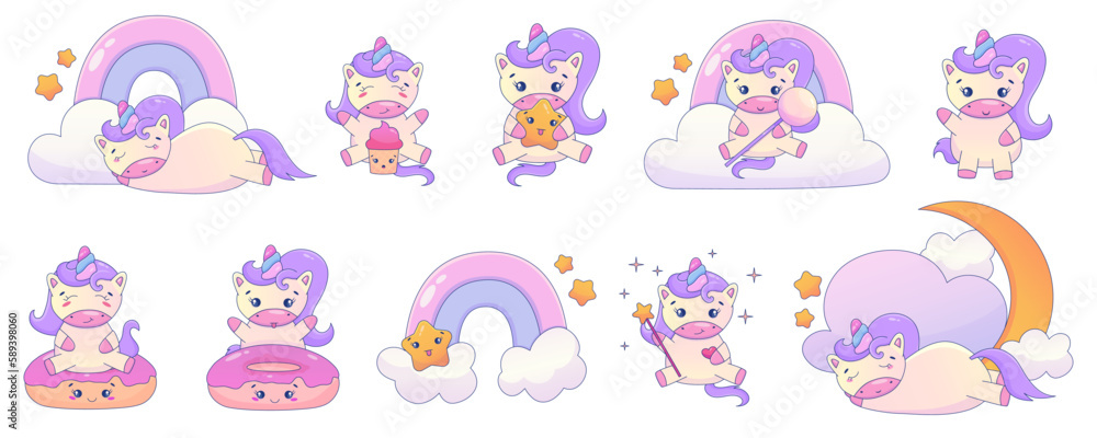Cute Cartoon Unicorn Kawaii set. Unicorn with donut, rainbow kawaii animal sticker. Magic cute pony. Cartoon vector illustration