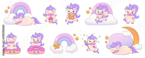 Cute Cartoon Unicorn Kawaii set. Unicorn with donut, rainbow kawaii animal sticker. Magic cute pony. Cartoon vector illustration