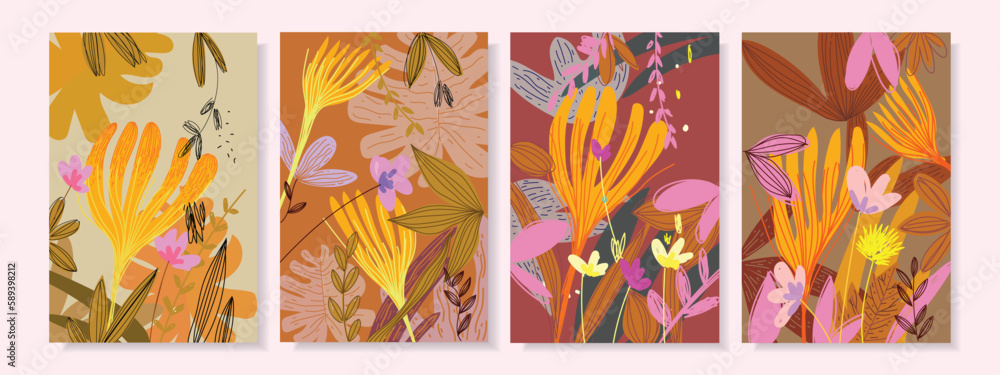 Set of abstract floral branch flowers and leaves vintage hand drawn background design. Set of abstract floral branch flowers and leaves vintage hand drawn background design.