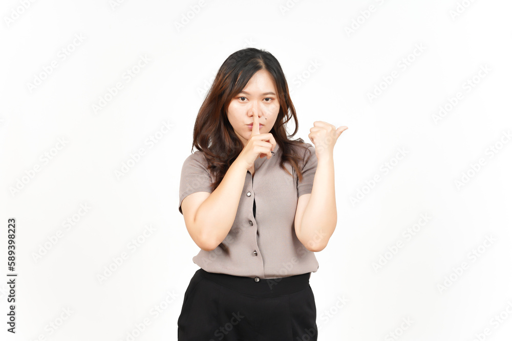 Shh gesture, Presenting and Pointing Side Product Using Thumb Of Beautiful Asian Woman Isolated Shh gesture, Presenting and Pointing Side Product Using Thumb Of Beautiful Asian Woman Isolated