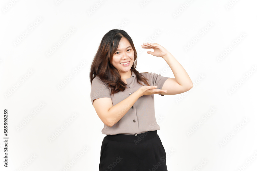 Measuring and Showing or Holding Big Sign Of Beautiful Asian Woman Isolated On White Background Measuring and Showing or Holding Big Sign Of Beautiful Asian Woman Isolated On White Background