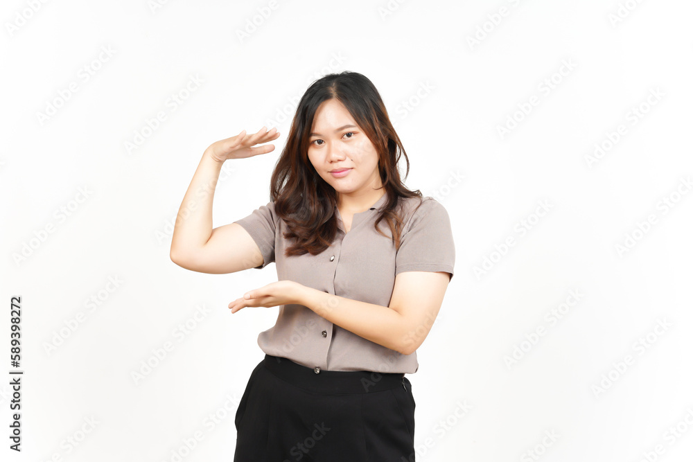 Measuring and Showing or Holding Big Sign Of Beautiful Asian Woman Isolated On White Background Measuring and Showing or Holding Big Sign Of Beautiful Asian Woman Isolated On White Background