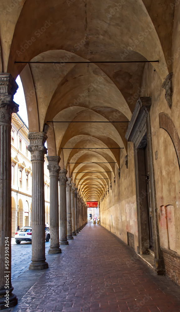 Famous arcades of Bologna. Unesco Heritage since 2021. Bologna, Italy