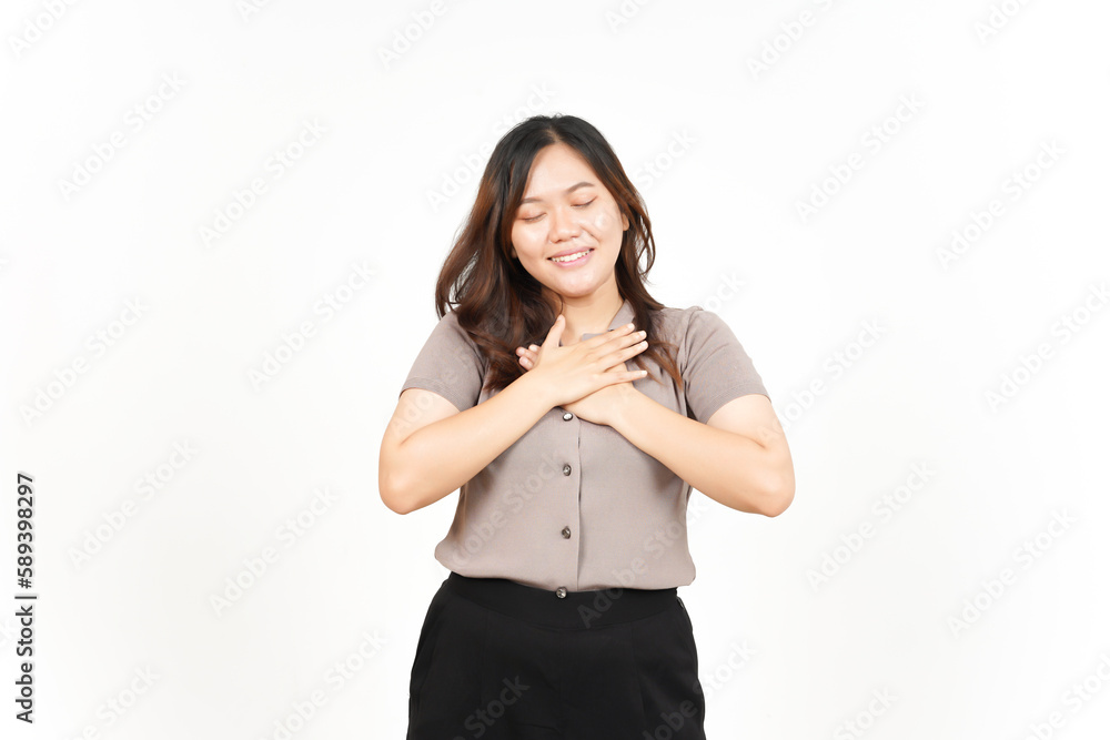 Grateful and Self Love Gesture Of Beautiful Asian Woman Isolated On White Background Grateful and Self Love Gesture Of Beautiful Asian Woman Isolated On White Background