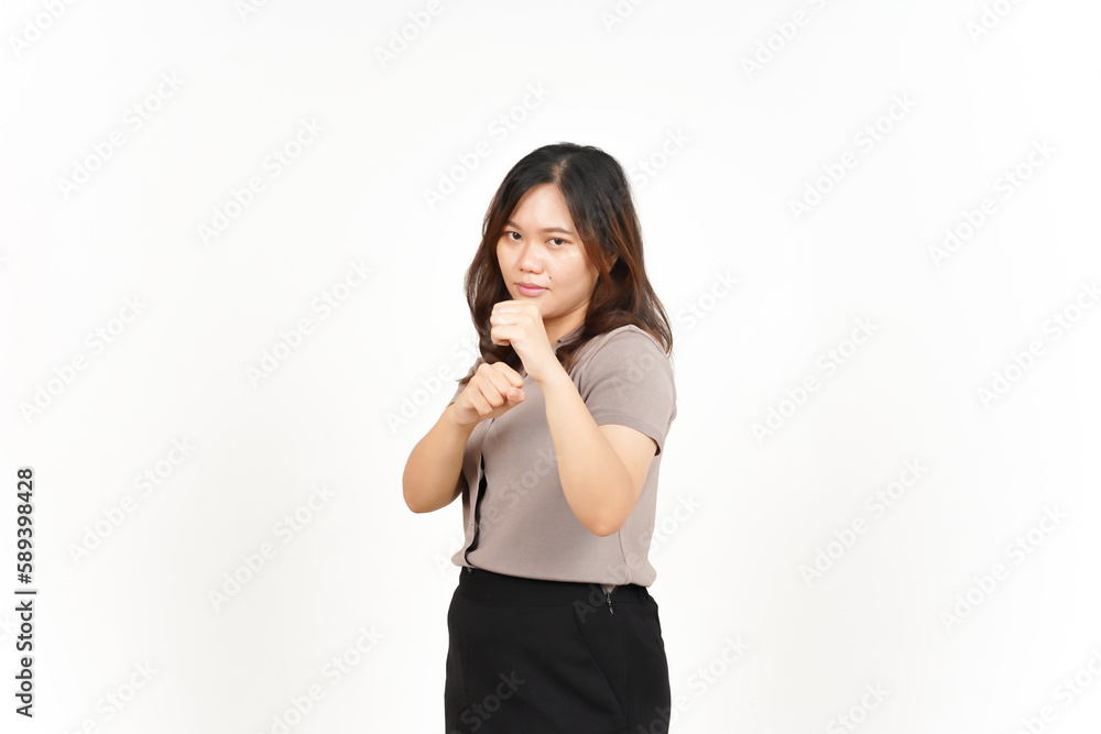 Punching fist to fight Of Beautiful Asian Woman Isolated On White Background Punching fist to fight Of Beautiful Asian Woman Isolated On White Background