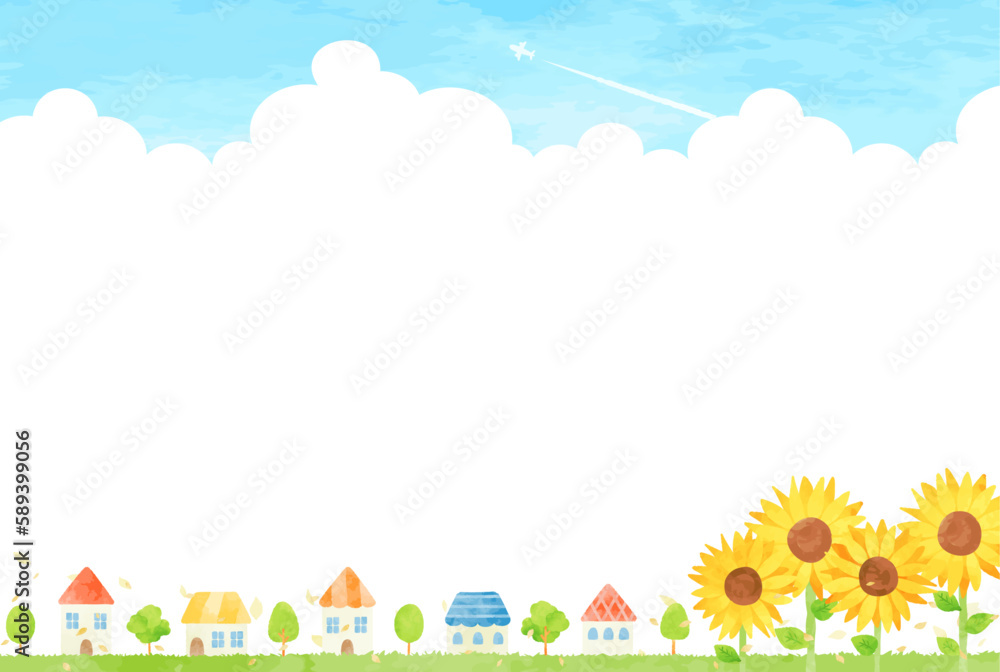 街並みとヒマワリと青空の風景イラスト 街並みとヒマワリと青空の風景イラスト