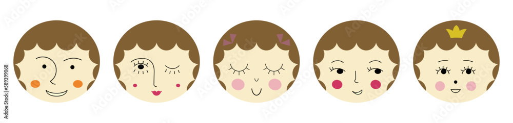 Feminine look, abstract personage, mascot design, funny face, cute icon. Feminine look, abstract personage, mascot design, funny face, cute icon.