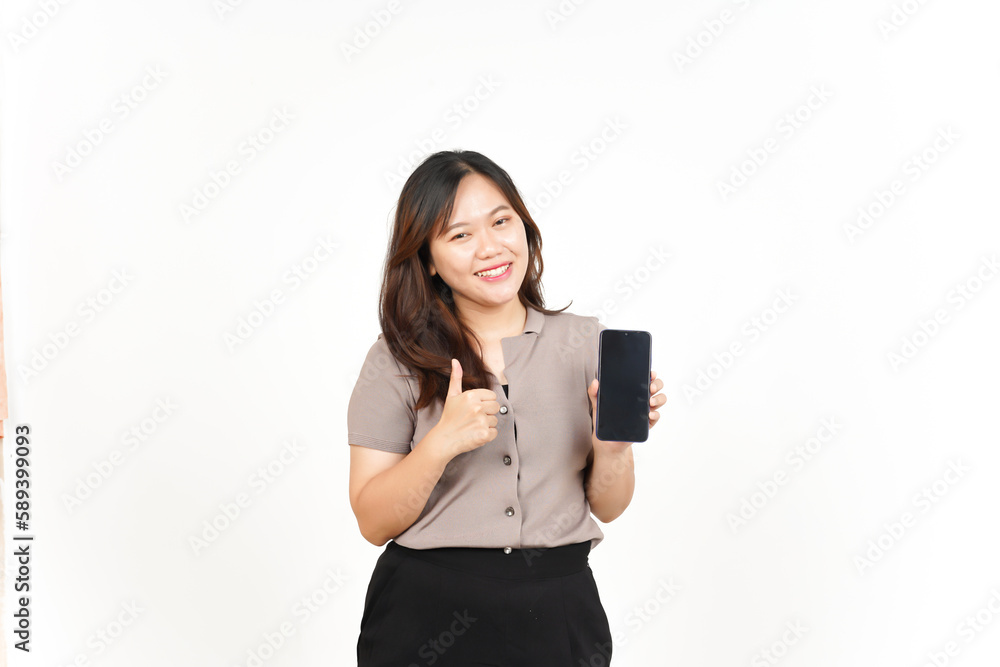 Showing Apps or Ads On Blank Screen Smartphone Of Beautiful Asian Woman Isolated On White Background Showing Apps or Ads On Blank Screen Smartphone Of Beautiful Asian Woman Isolated On White Background