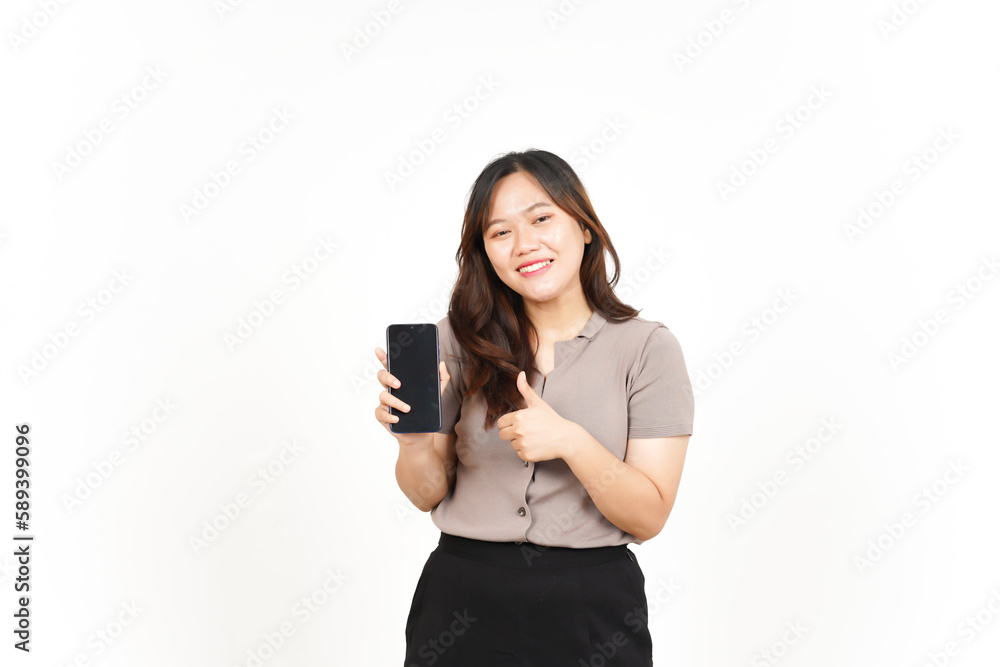 Showing Apps or Ads On Blank Screen Smartphone Of Beautiful Asian Woman Isolated On White Background Showing Apps or Ads On Blank Screen Smartphone Of Beautiful Asian Woman Isolated On White Background
