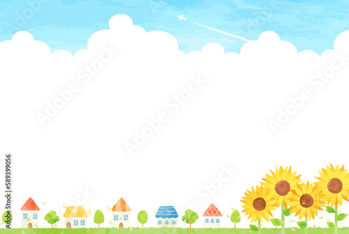 街並みとヒマワリと青空の風景イラスト