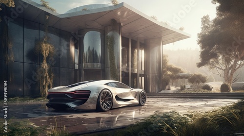 Experience Ultimate Luxury Living with Iconic Super Cars Parked Outside Your Bright-Light Mansio, Generative ai photo