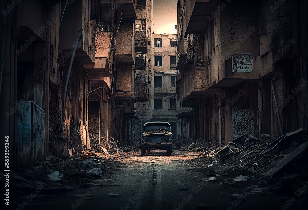 Empty streets in abandoned city after war. Generative AI