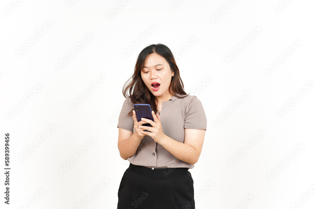 Shocked Face Holding and Using Smartphone Of Beautiful Asian Woman Isolated On White Background Shocked Face Holding and Using Smartphone Of Beautiful Asian Woman Isolated On White Background