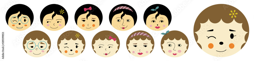 Feminine look, abstract personage, mascot design, funny face, cute icon. Feminine look, abstract personage, mascot design, funny face, cute icon.