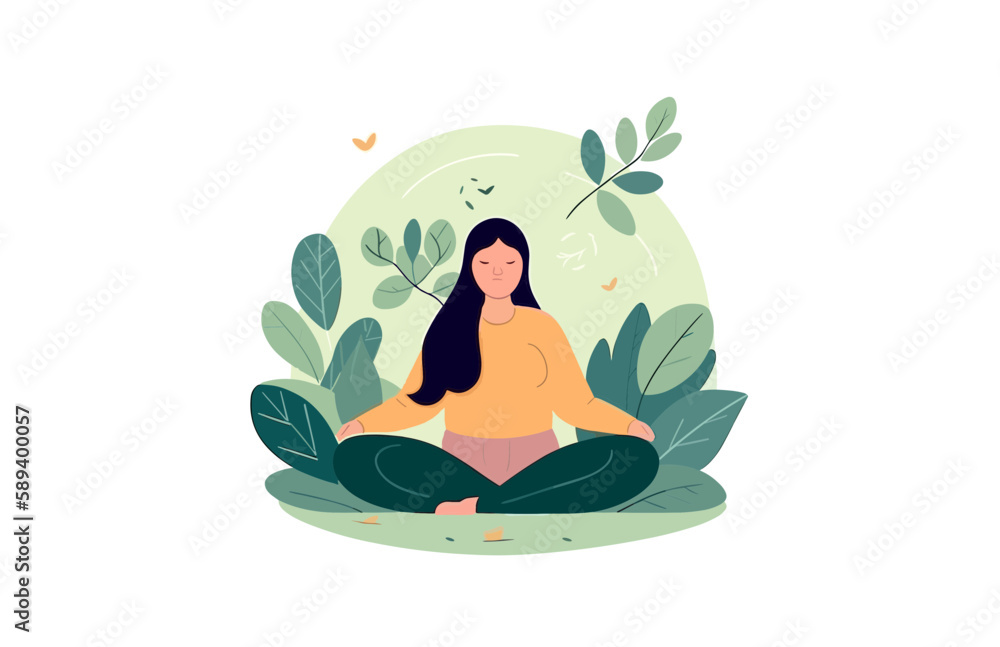 Nature's Serenity: Flat Cartoon Style Vector Illustration of Woman Meditating among Leaves