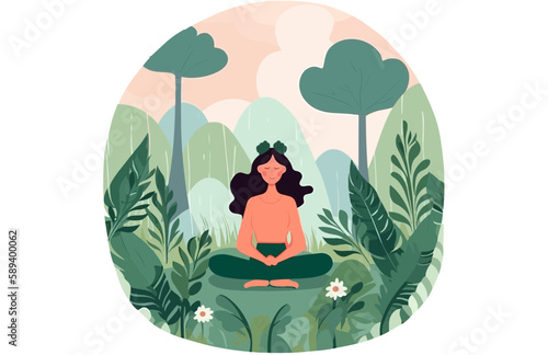 Harmony with Nature: Vector Illustration of Woman Meditating amidst Leaves in Flat Cartoon Style