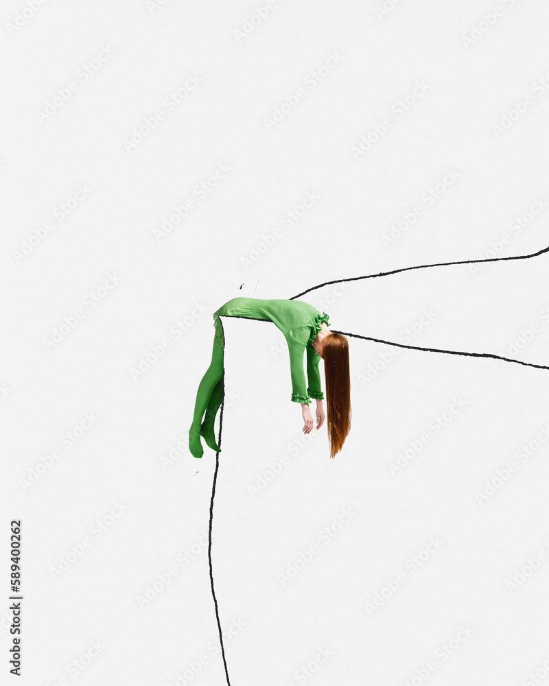 Contemporary art collage with woman wearing green clothes and lie breathless on floor over white background. Creative design