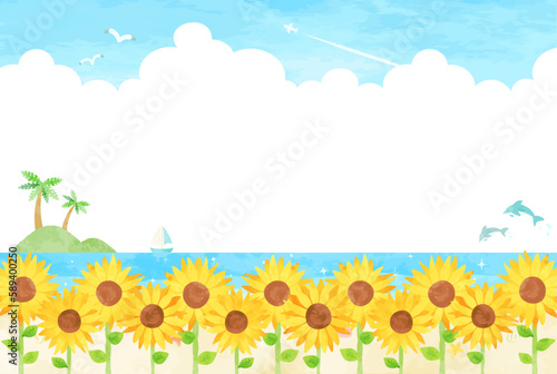 ひまわり畑とビーチと青空の風景イラスト