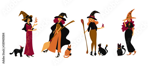 Cute witch set. Cartoon girls in wizard fairy costumes. Halloween characters. Witches with cats. Vector illustration. Flat style.